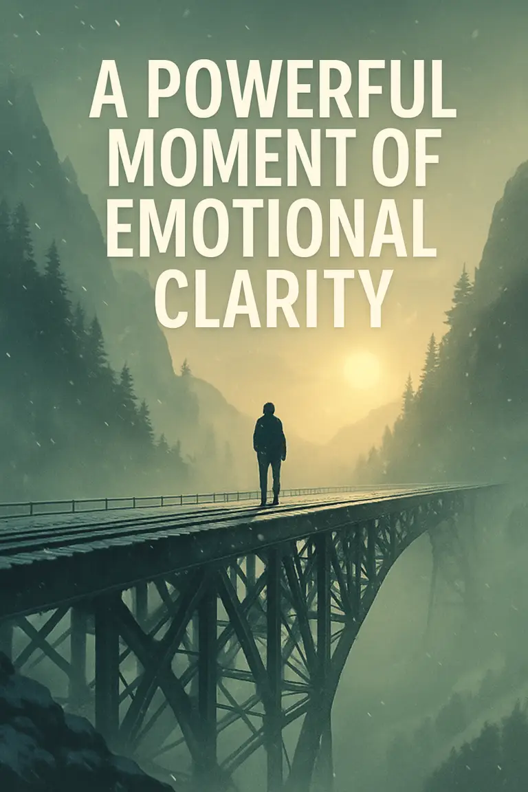 A symbolic digital illustration representing emotional clarity—featuring a solitary figure walking across a dramatic, snow-covered western train bridge during twilight, surrounded by misty mountains and muted hues.