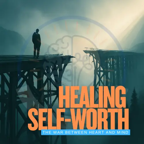 A solitary figure stands at the edge of a towering, broken bridge in a misty landscape—symbolizing the emotional divide and the slow, uncertain journey of healing self-worth.