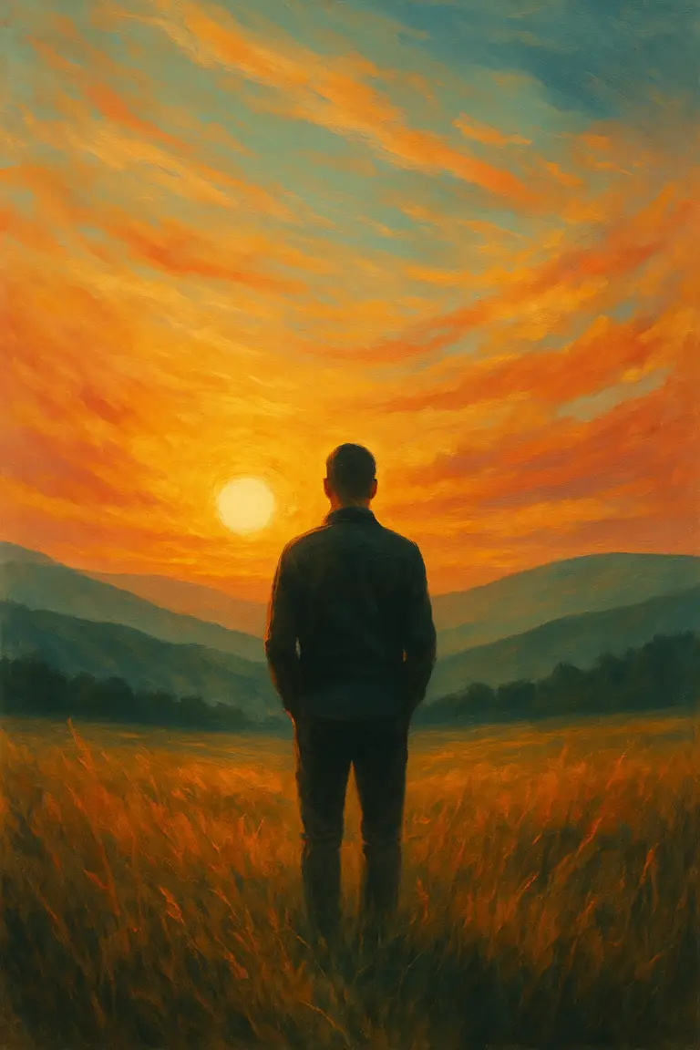A symbolic landscape of personal healing, showing a lone figure on a sunlit overlook—representing the clarity and strength of standing in self-worth.
